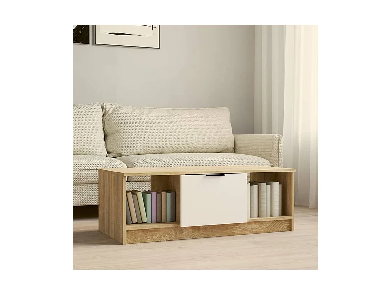 Mesa de centro madera de ingeniería blanco y roble 102x50x36 cm