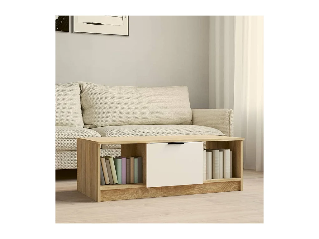 Table basse blanc et chêne sonoma 102x50x36cm bois d'ingénierie