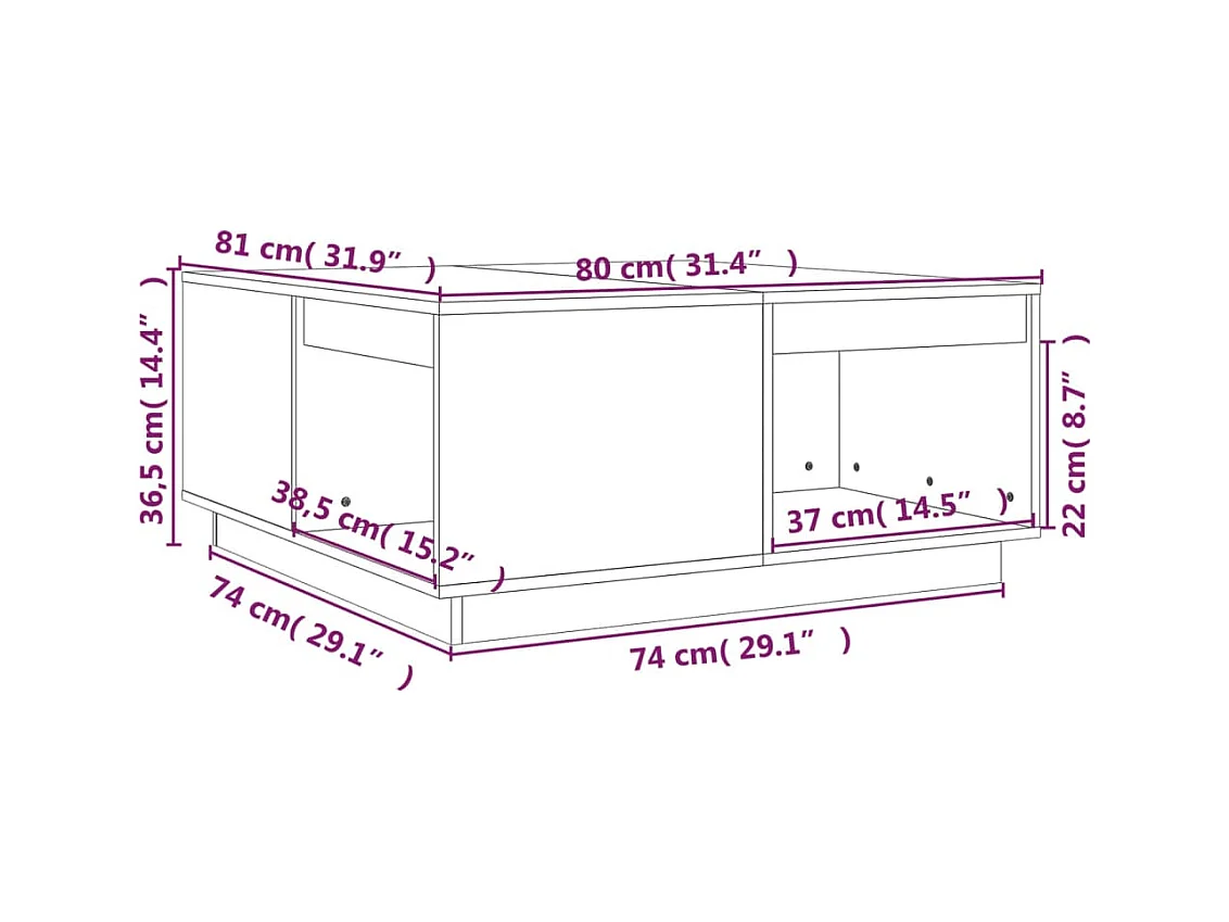 Tavolino da Salotto Nero 80x81x36,5 cm Legno Massello di Pino
