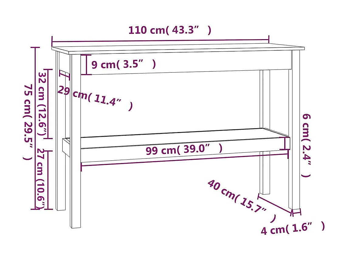Tavolo Consolle 110x40x75 cm in Legno Massello di Pino