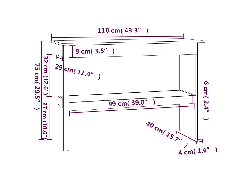 Mesa consola de madera maciza de pino blanco 110x40x75 cm