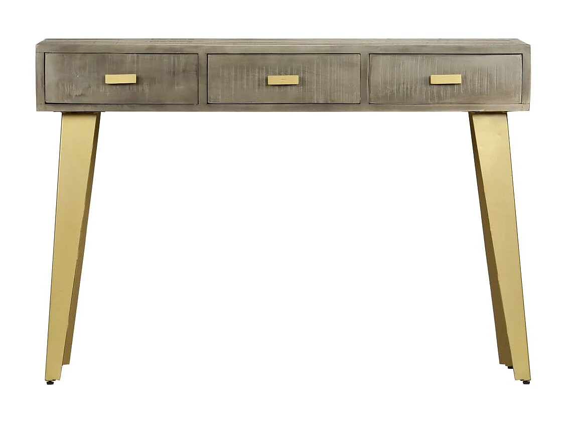 Tavolo Consolle Massello di Mango Grigio e Ottone 110x35x76 cm