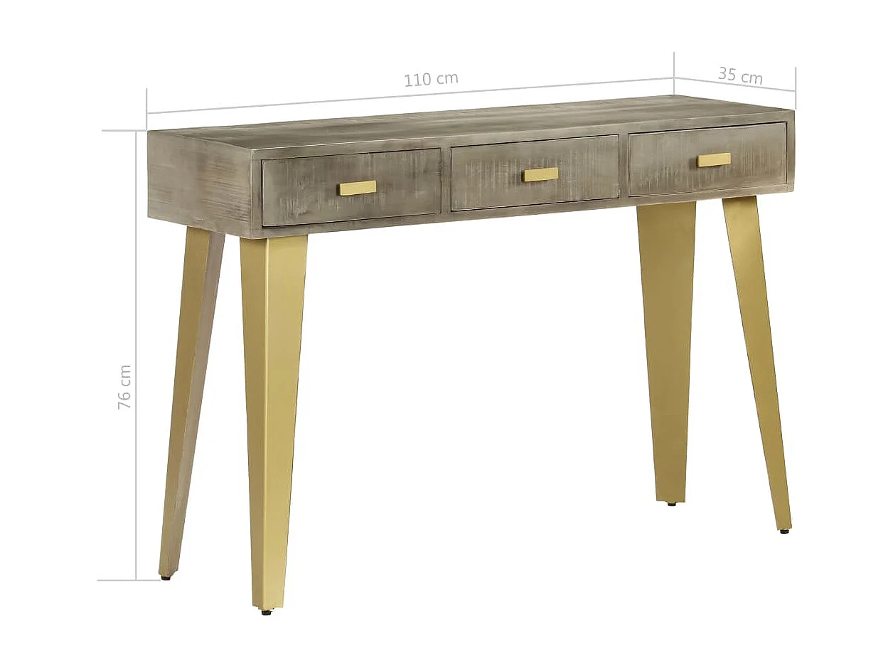 Tavolo Consolle Massello di Mango Grigio e Ottone 110x35x76 cm