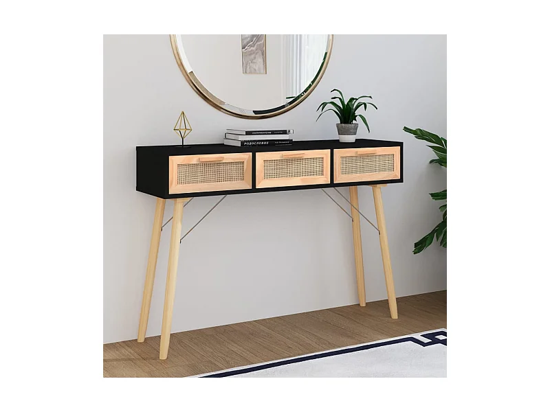 Table console Noir 105x30x75 cm Bois massif pin /rotin naturel