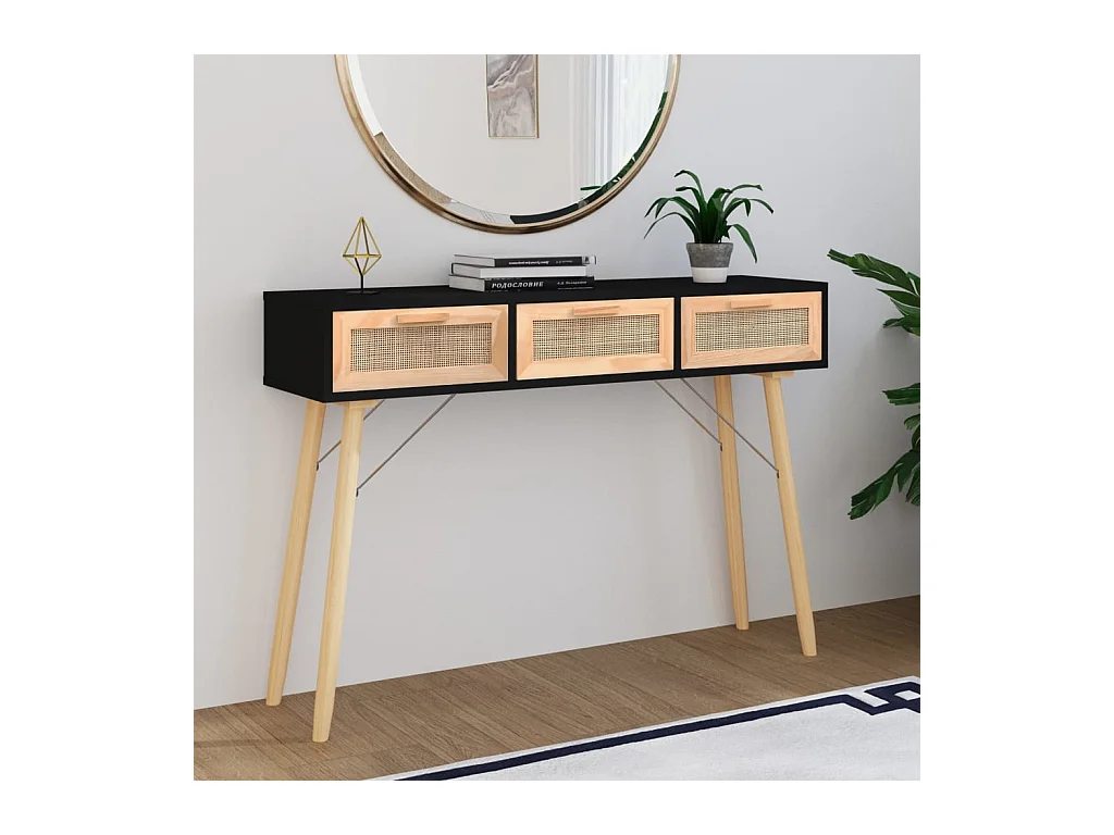 Table console Noir 105x30x75 cm Bois massif pin /rotin naturel