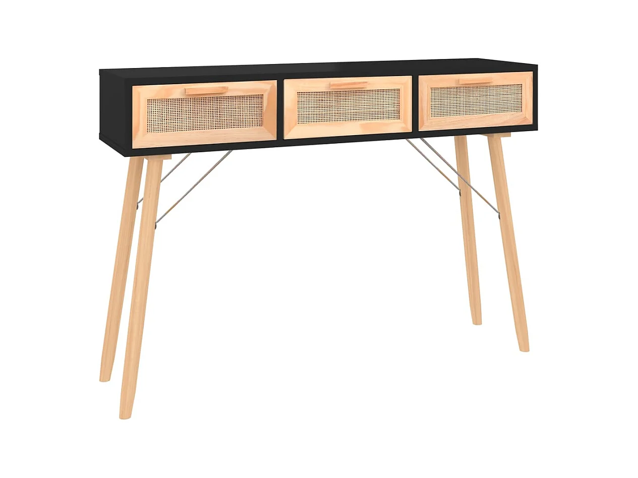 Table console Noir 105x30x75 cm Bois massif pin /rotin naturel
