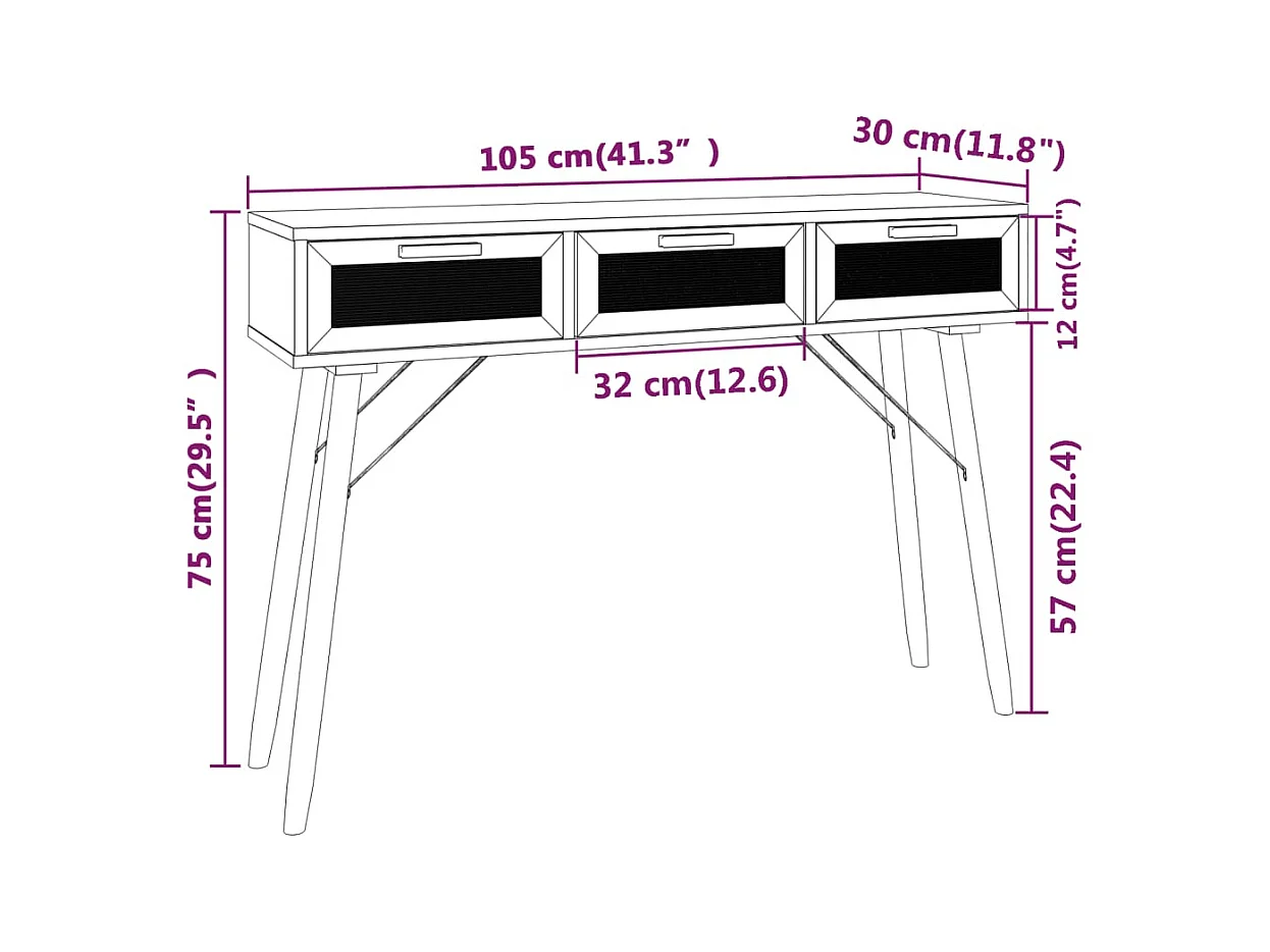 Table console Noir 105x30x75 cm Bois massif pin /rotin naturel