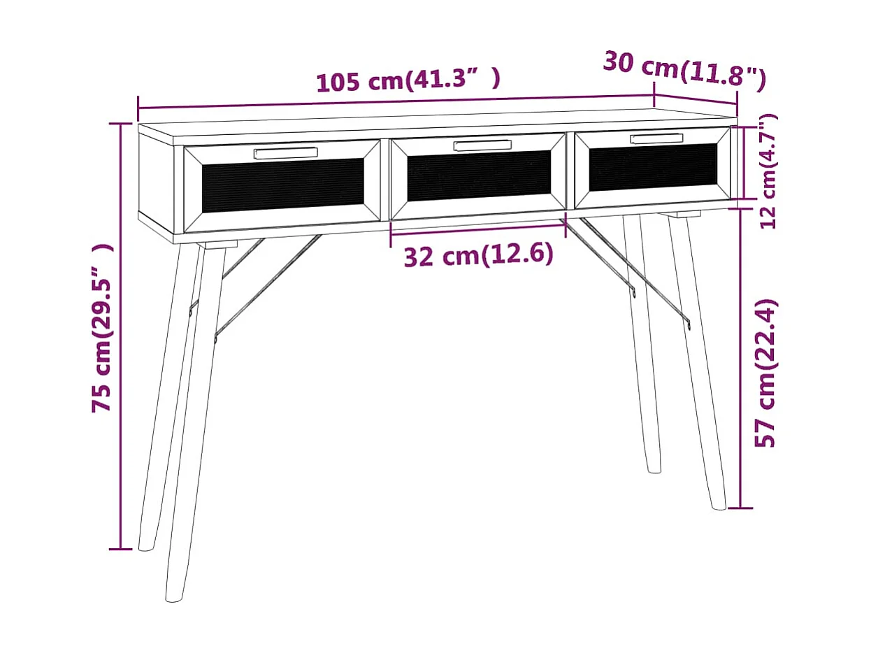 Table console Noir 105x30x75 cm Bois massif pin /rotin naturel