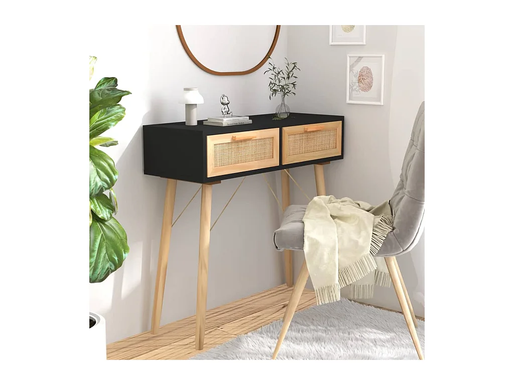 Konsolentisch Schwarz 80x30x75cm Massivholz Kiefer Natur-Rattan