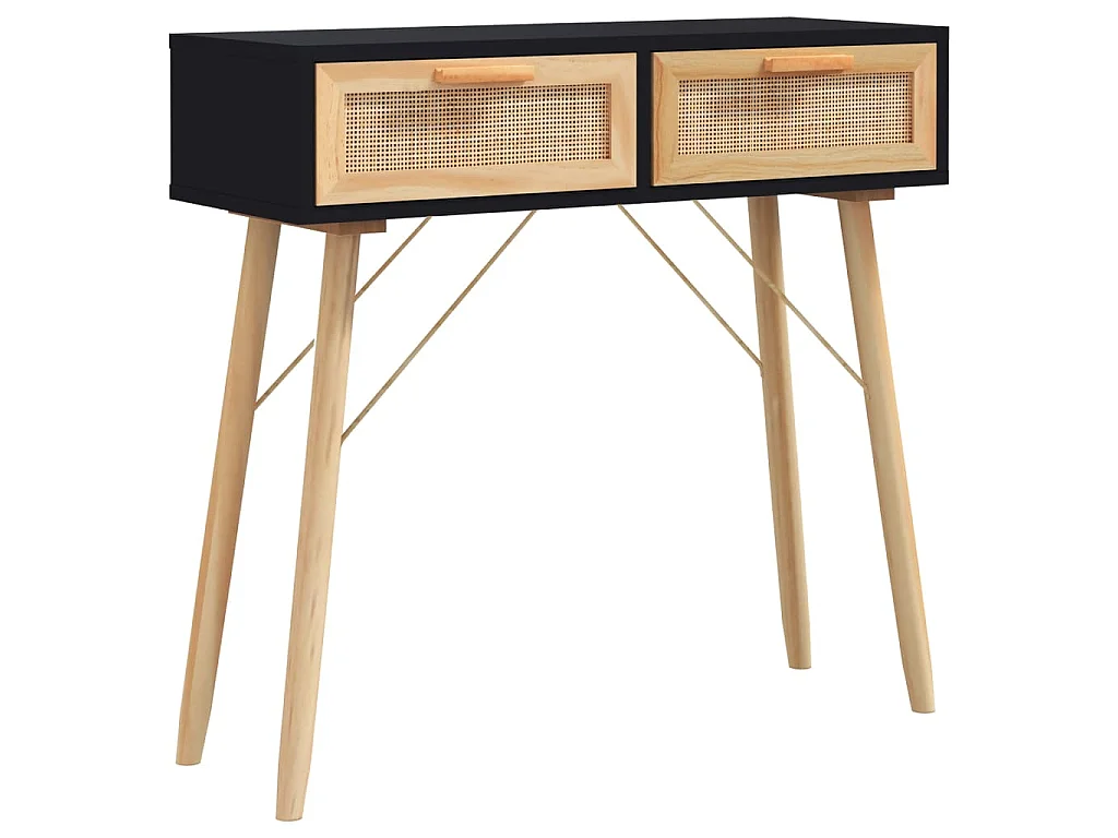 Tavolo Consolle Nero 80x30x75cm Massello Pino e Rattan Naturale