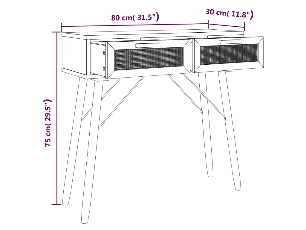 Tavolo Consolle Nero 80x30x75cm Massello Pino e Rattan Naturale