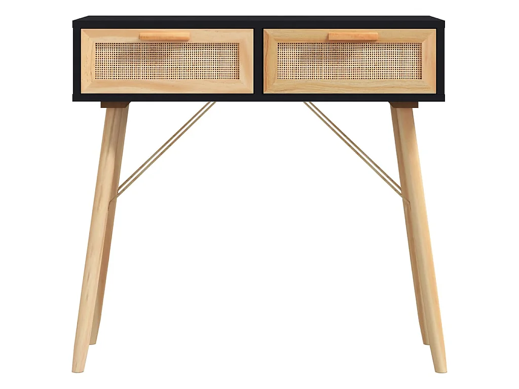 Tavolo Consolle Nero 80x30x75cm Massello Pino e Rattan Naturale