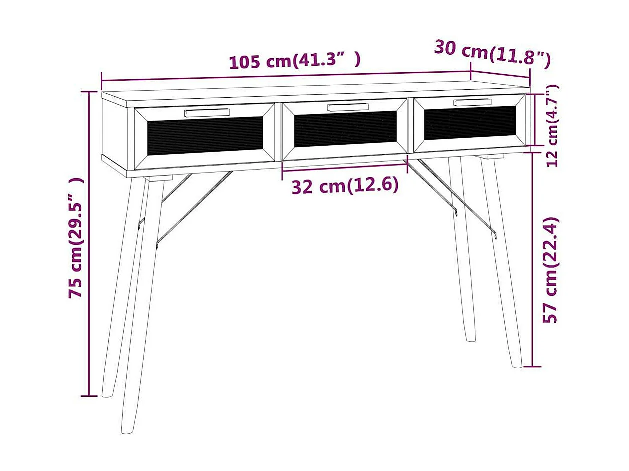 Wandtafel 105x30x75 cm massief grenenhout en natuurlijk rattan