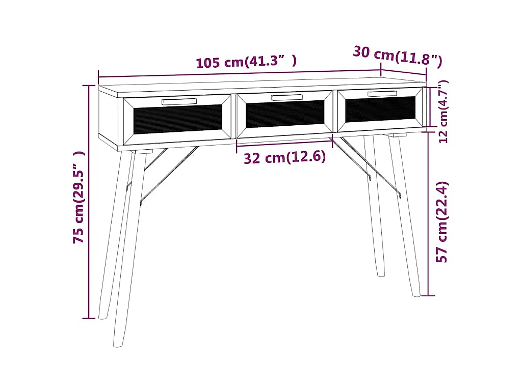 Table console Marron 105x30x75cm Bois massif pin /rotin naturel