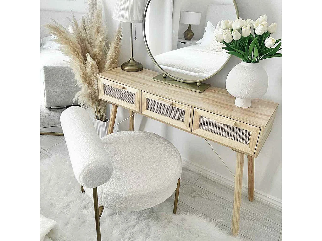 Table console Marron 105x30x75cm Bois massif pin /rotin naturel