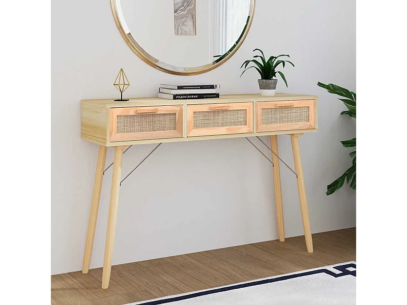 Wandtafel 105x30x75 cm massief grenenhout en natuurlijk rattan