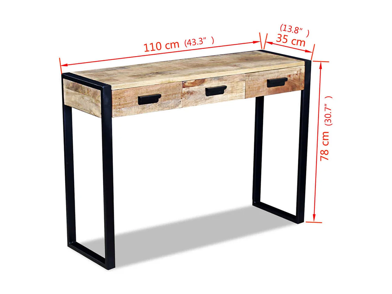 Mesa apoio 3 gavetas madeira de mangueira sólida 110x35x78 cm