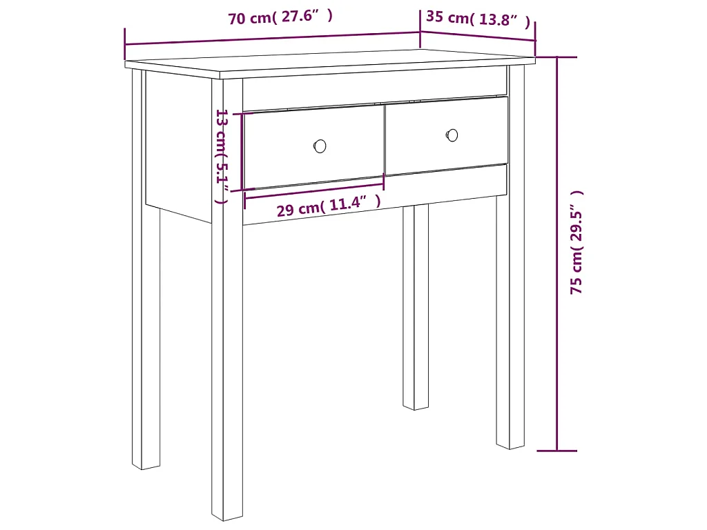 Mesa consola madera maciza de pino 70x35x75 cm
