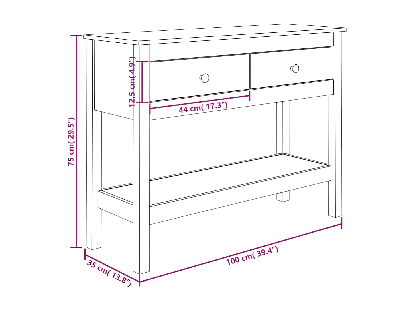 Mesa consola 100x35x75 cm madeira de pinho maciço