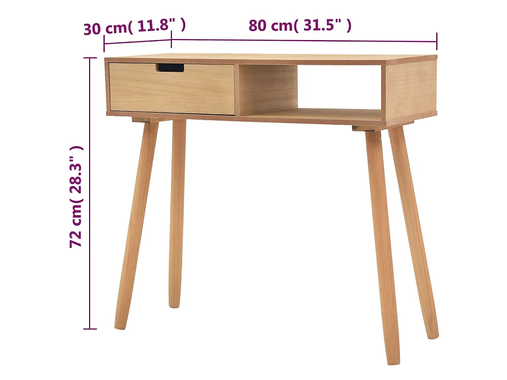 Mesa consola de pinho maciço 80x30x72 cm castanho