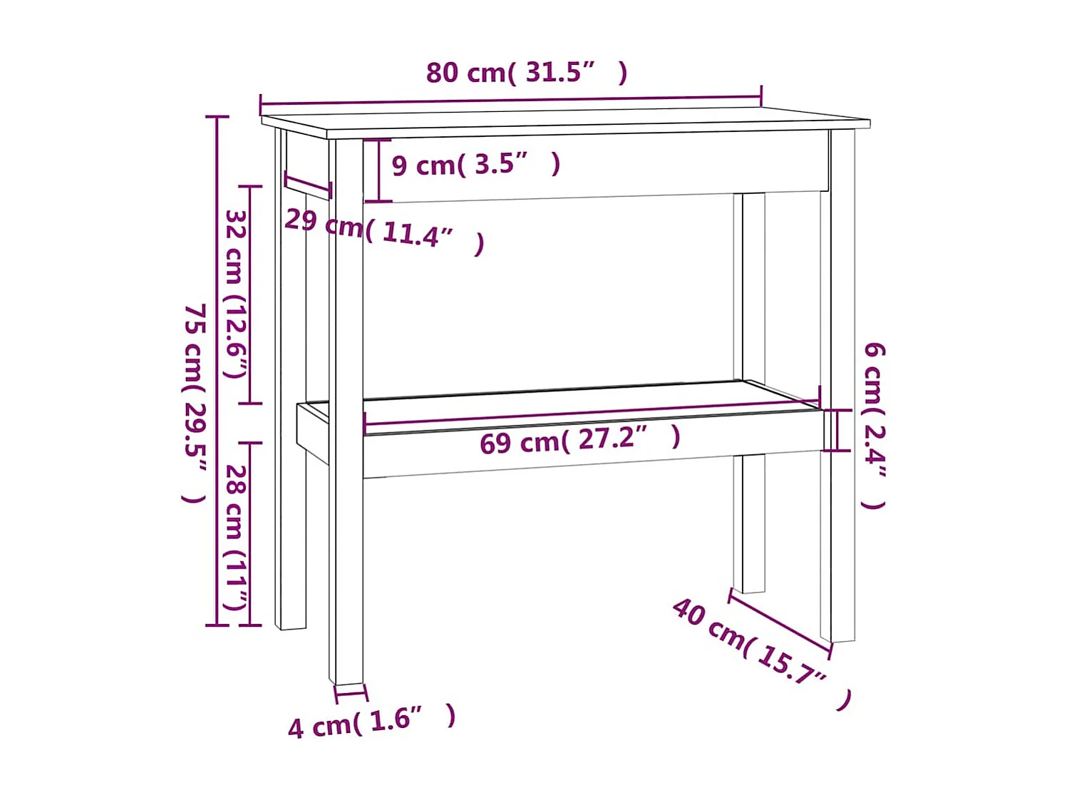 Tavolo Consolle 80x40x75 cm in Legno Massello di Pino
