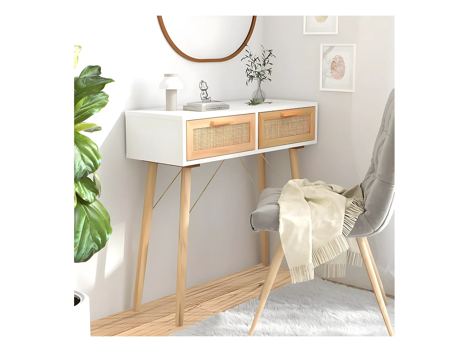 Table console Blanc 80x30x75 cm Bois massif pin /rotin naturel