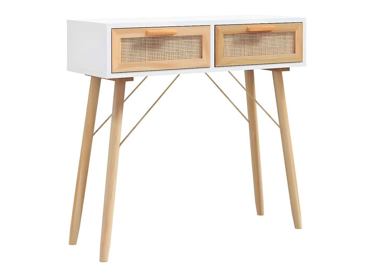 Mesa consola madera pino maciza blanco ratán natural 80x30x75cm