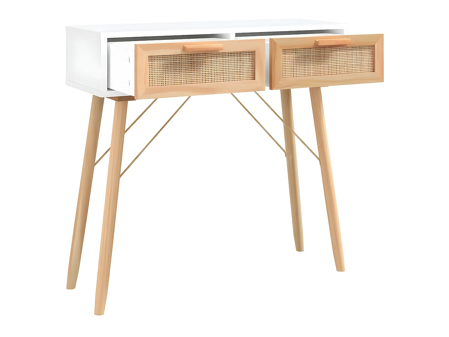 Mesa consola madera pino maciza blanco ratán natural 80x30x75cm