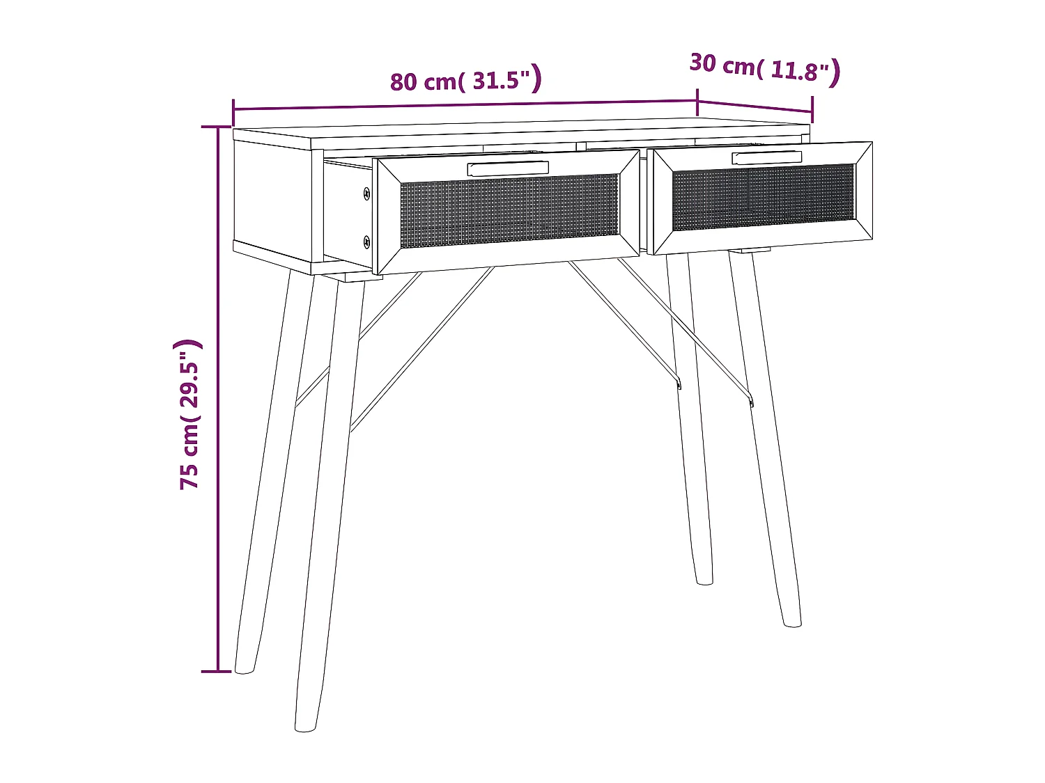 Mesa consola madera pino maciza blanco ratán natural 80x30x75cm