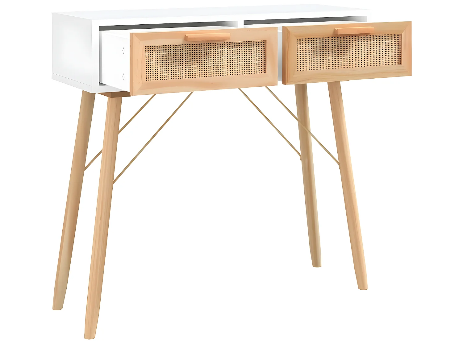 Table console Blanc 80x30x75 cm Bois massif pin /rotin naturel