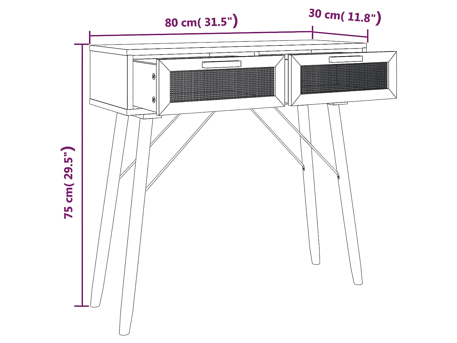 Table console Blanc 80x30x75 cm Bois massif pin /rotin naturel
