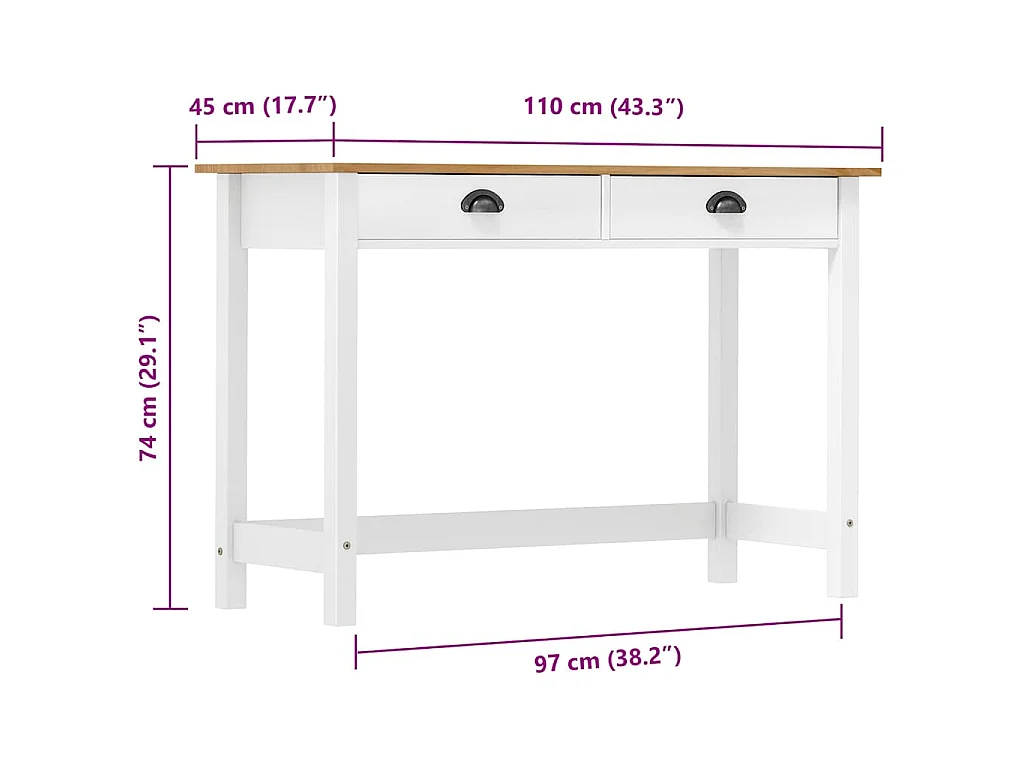Table console Hill avec 2 tiroirs 110x45x74 cm Pin solide