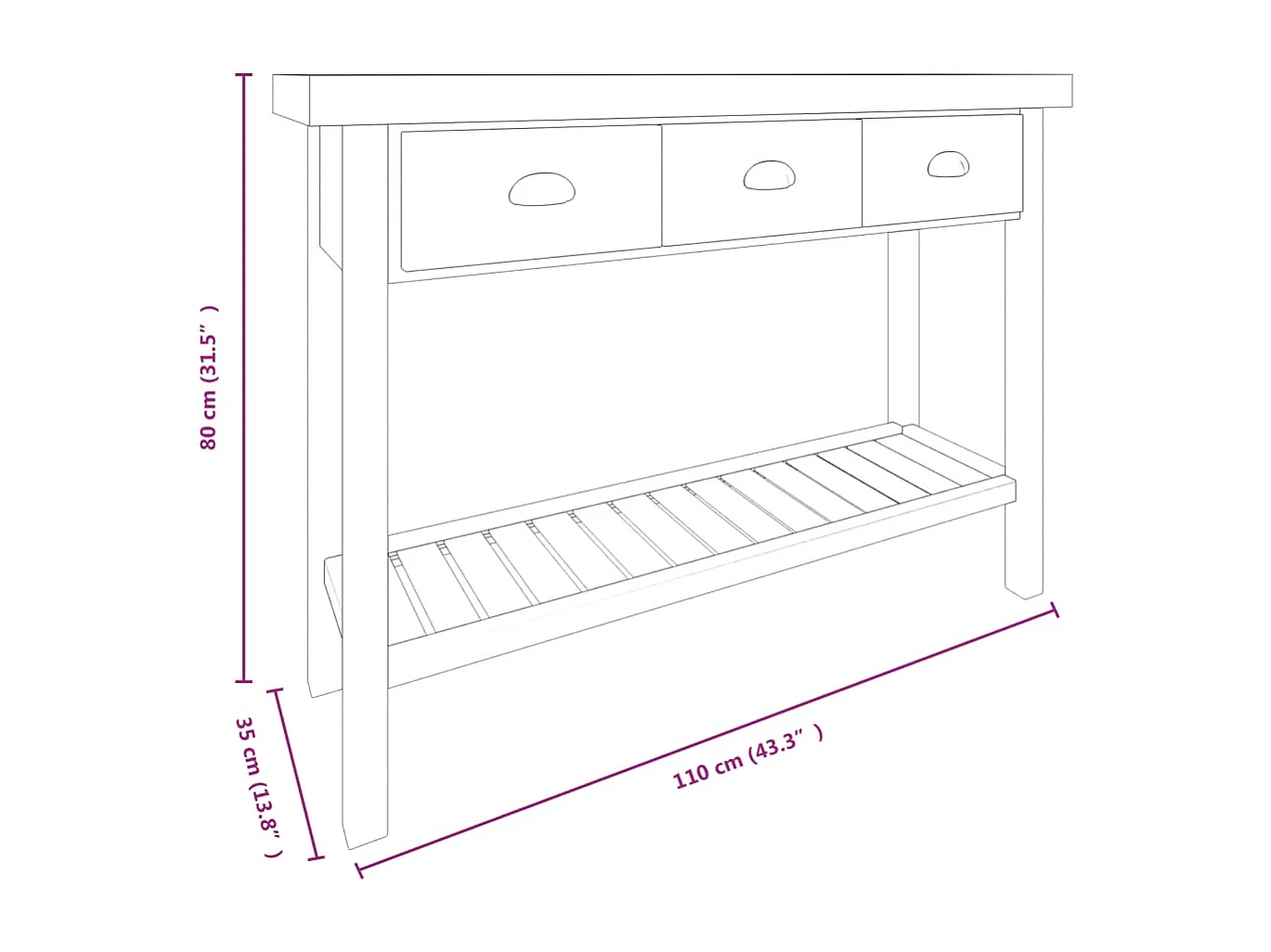 Table console 110x35x80 cm Bois de sapin massif