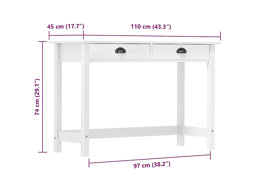 Table console Hill avec 2 tiroirs 110x45x74 cm Bois pin massif