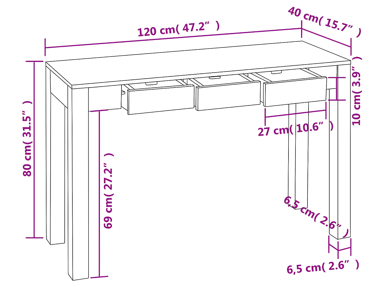 Tavolo Consolle con 3 Cassetti 80 cm Legno Massello di Sheesham