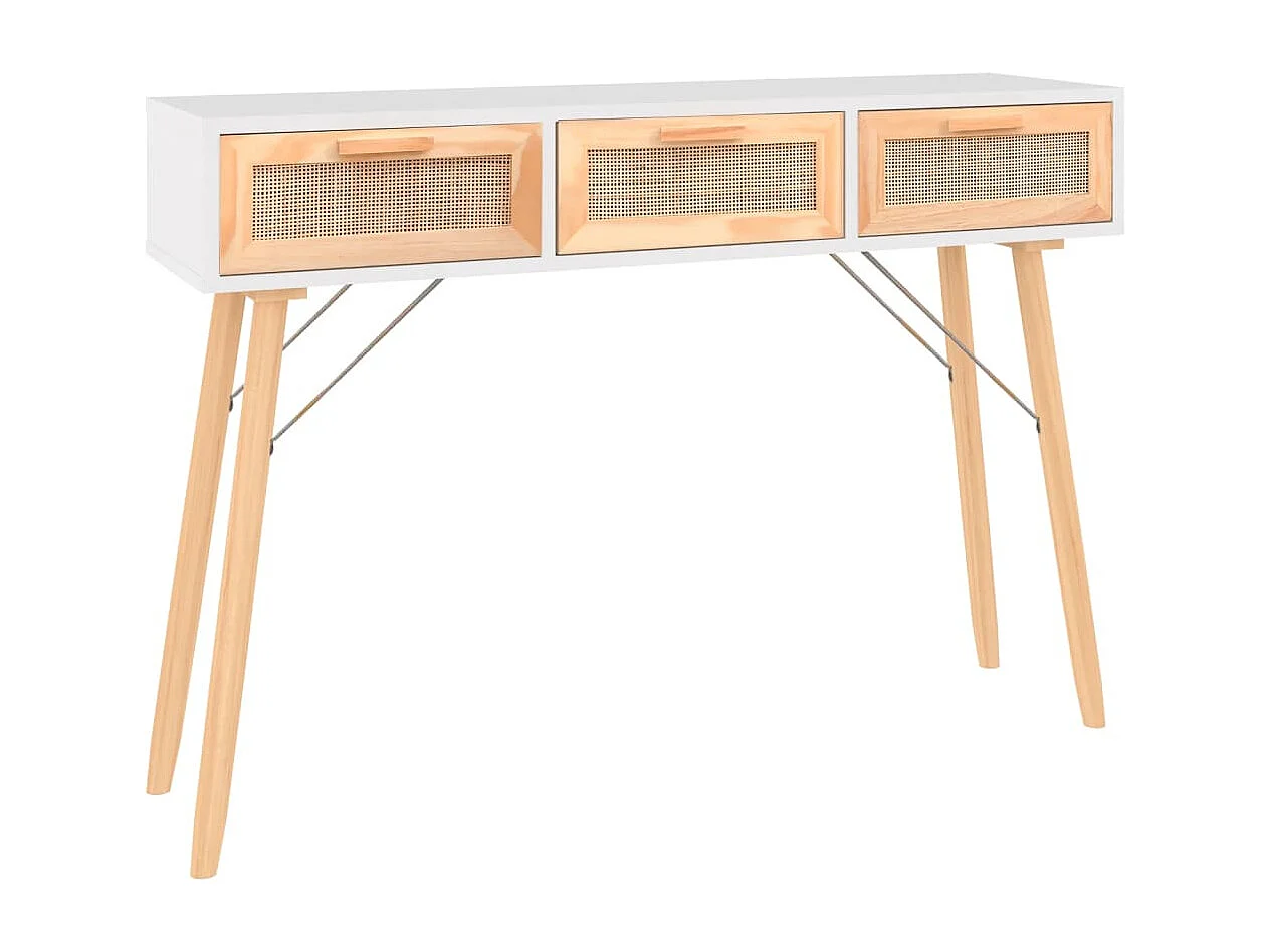 Konsolentisch Weiß 105x30x75 cm Massivholz Kiefer Natur-Rattan