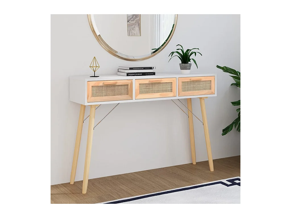 Table console Blanc 105x30x75 cm Bois massif pin /rotin naturel