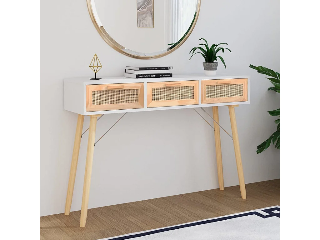 Konsolentisch Weiß 105x30x75 cm Massivholz Kiefer Natur-Rattan