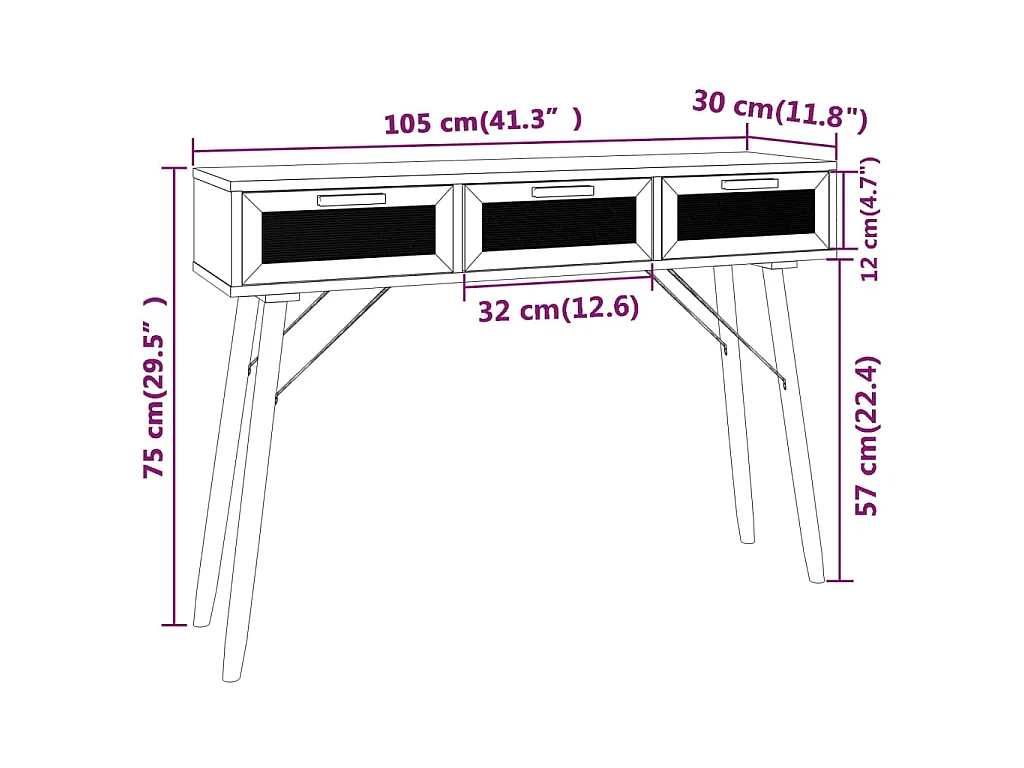 Konsolentisch Weiß 105x30x75 cm Massivholz Kiefer Natur-Rattan