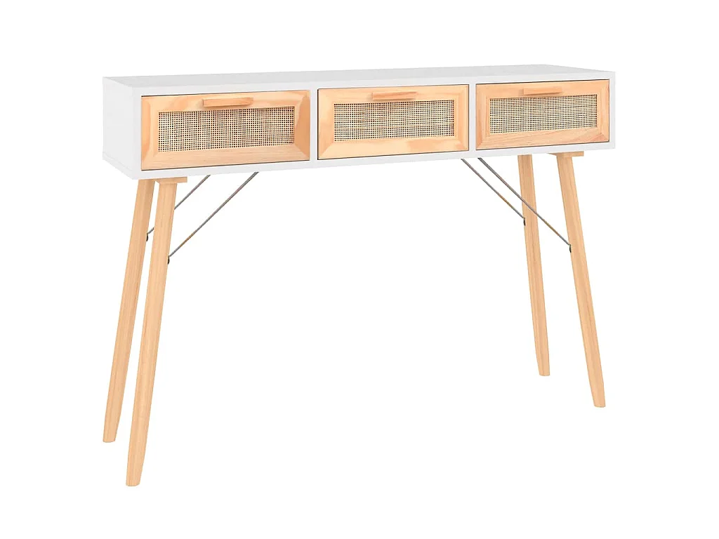 Table console Blanc 105x30x75 cm Bois massif pin /rotin naturel