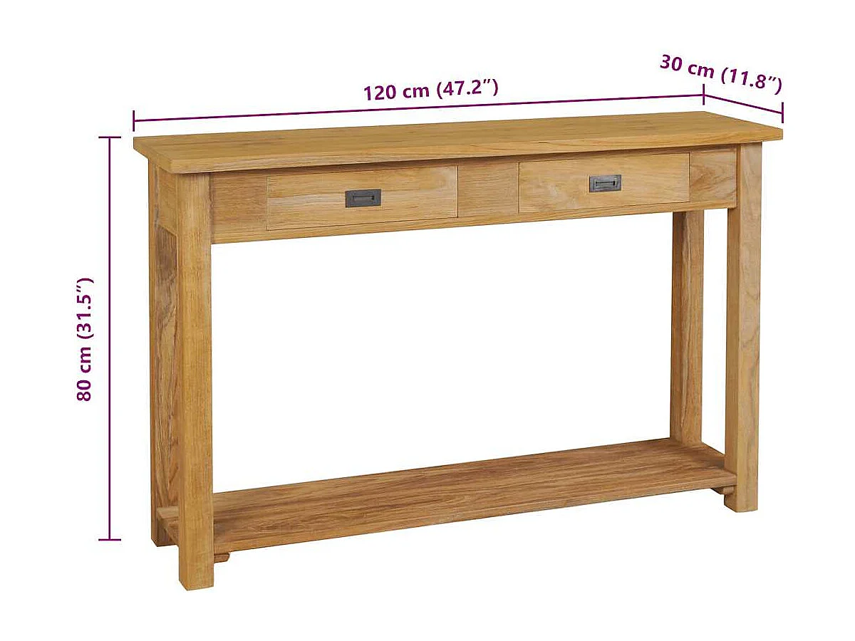 Table console teck massif 120x30x80 cm