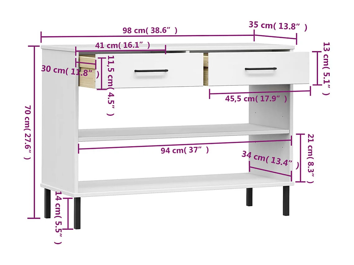 Armoire console avec pieds en métal Blanc Bois pin massif OSLO