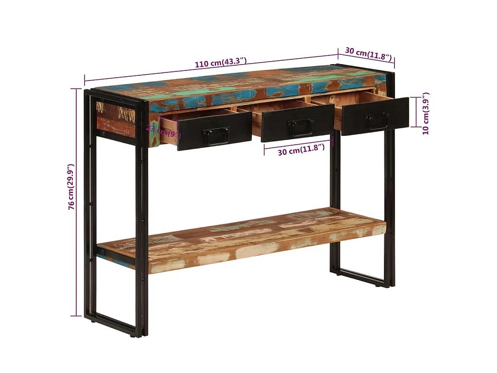 Tavolo Consolle 110x30x76 cm in Legno Massello Riciclato