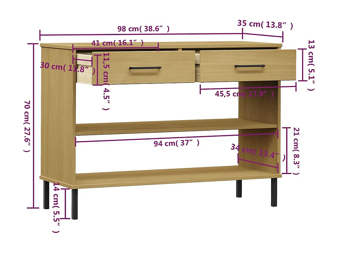 Armoire console avec pieds en métal Marron Bois pin massif OSLO