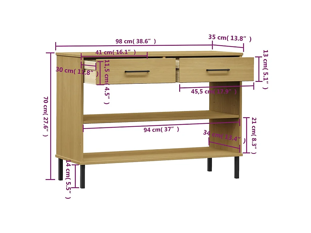 Armoire console avec pieds en métal Marron Bois pin massif OSLO
