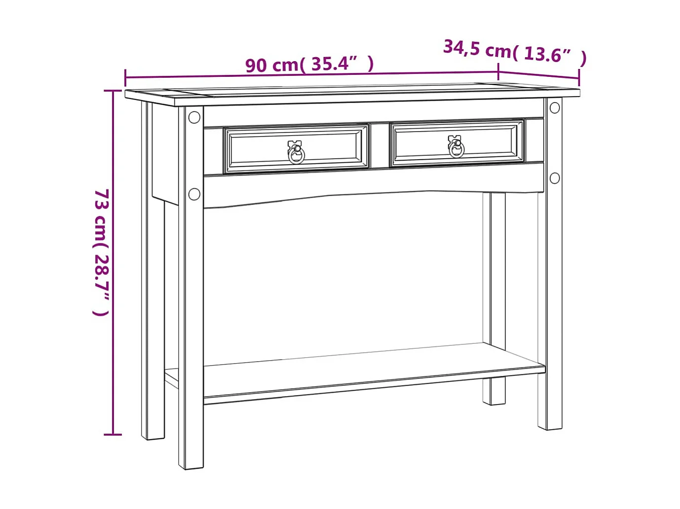 Tavolo Console in Pino Messicano Corona Bianco 90x34,5x73 cm