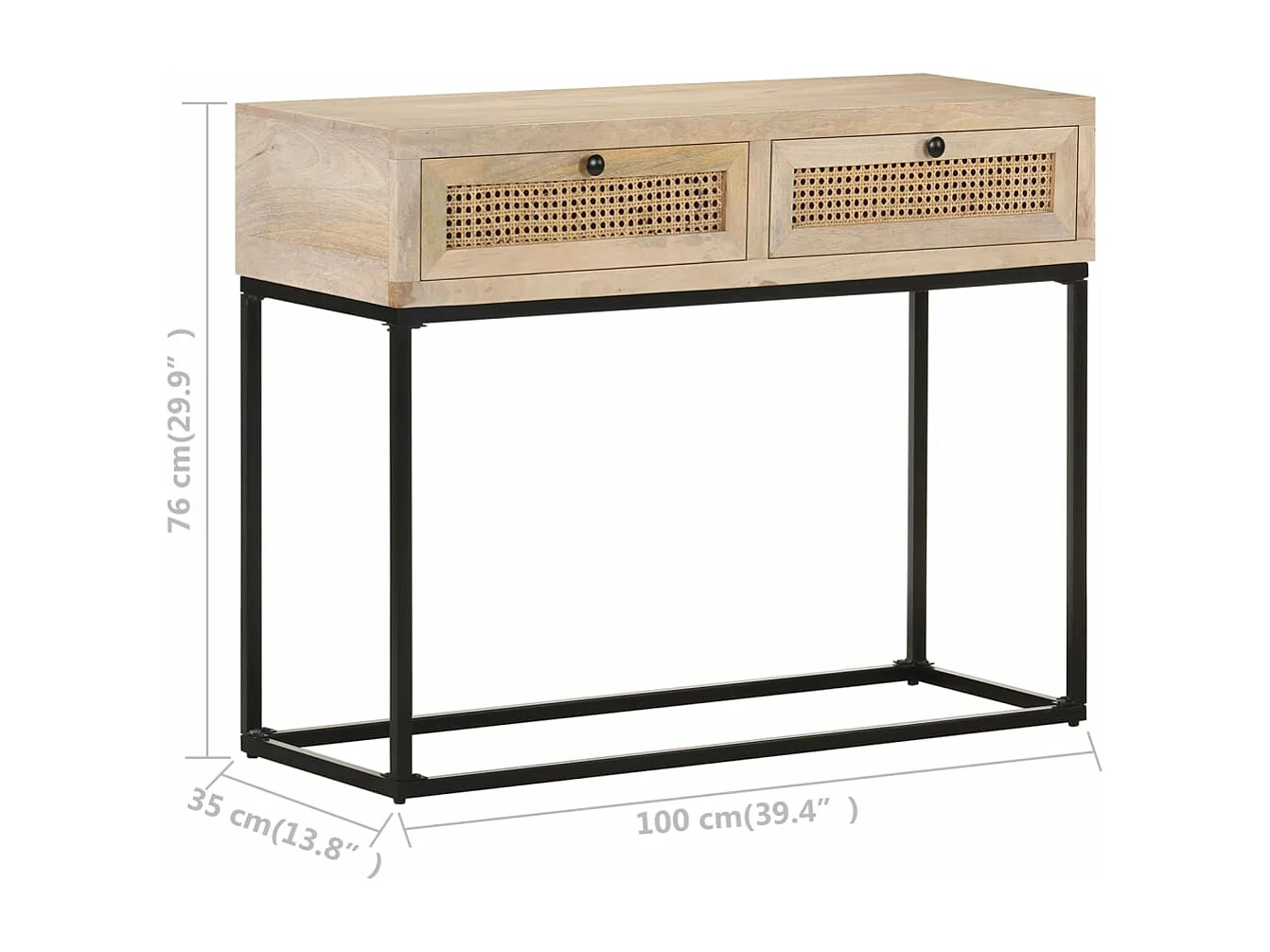 Mesa consola madera maciza de mango y caña natural 100x35x76 cm