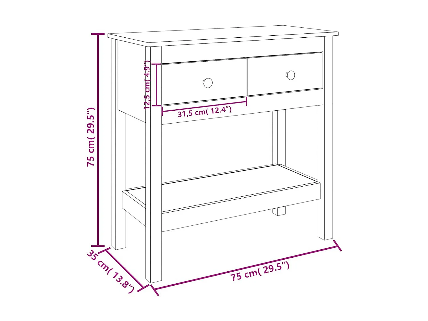 Mesa consola 75x35x75 cm pinho maciço branco