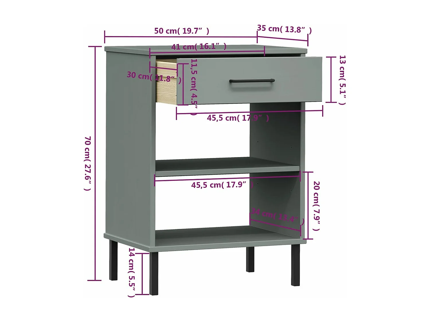 Armoire console avec pieds en métal Gris Bois pin massif OSLO
