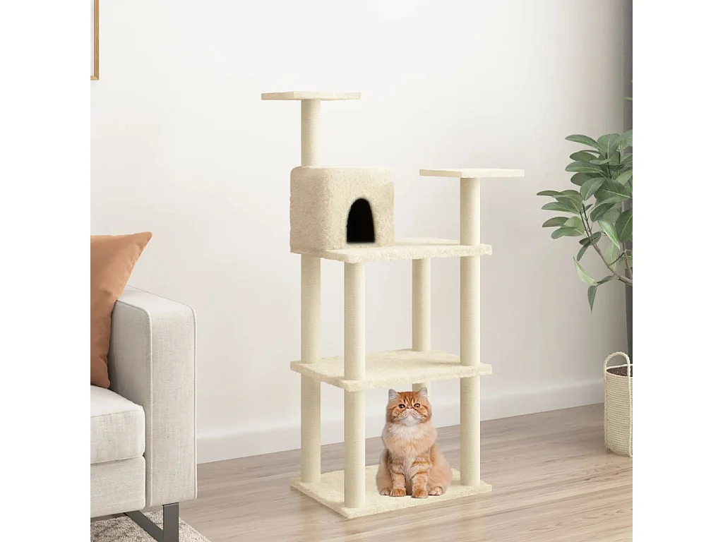 Rascador para gatos con postes de sisal color crema 118,5 cm
